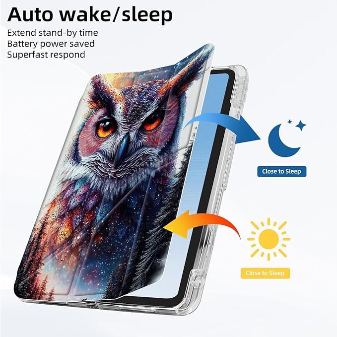 for iPad Pro 11 2024 Case with Pencil Holder Foldable Y-Shaped Protective Cover Stylish Clear Multi-Angle Viewing &amp Auto Sleep/Wake Blossom Owl Tablet Case