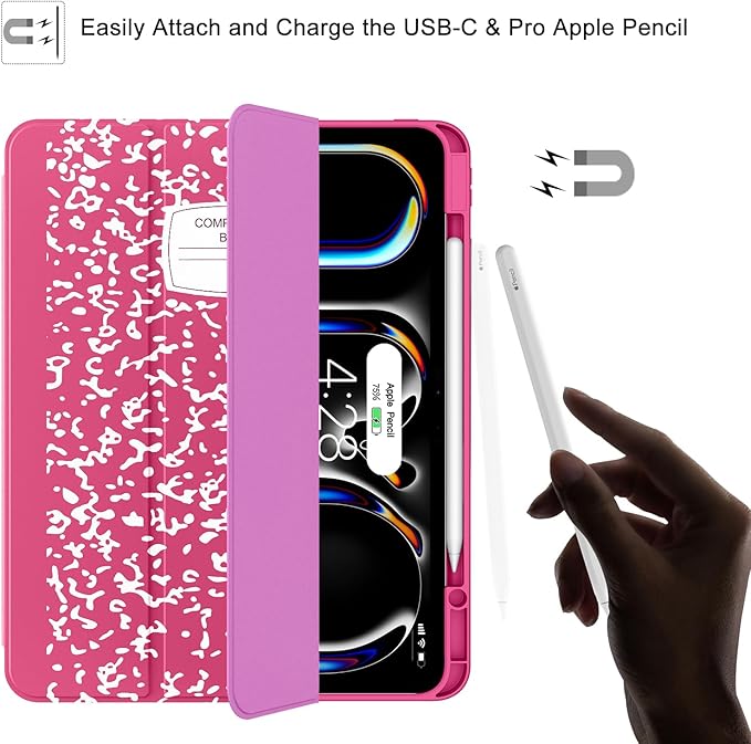 Soke Case for New iPad Pro 13 Inch (M5/M4 2025/2024 Release) with Pencil Holder Trifold Stand Shockproof [Support Apple Pencil Charging + Auto Wake/Sleep] Soft TPU Back Cover Book Hot Pink