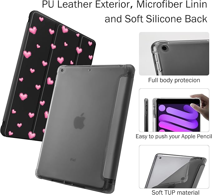 Idocolors Case for iPad 11 inch (A16 Chip) 2025 Generation 11th / iPad 10.9 inch 2022 10th Gen Built-in Pencil Holder with Soft TPU Shockproof Back Shell Auto Wake/Sleep Heart-Black