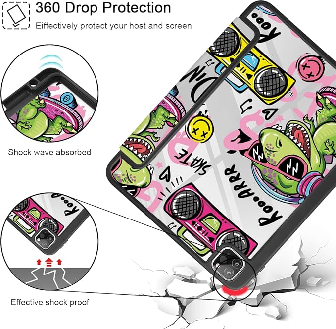 Mektron Case for iPad Pro 11 inch (4th 3rd 2nd &amp 1st Gen) 2022 2021 2020 2018 Buit in Pencil Holder with Shockproof Cover Clear Shell + Trifold Stand + Auto Wake/Sleep Cool Dinosaur