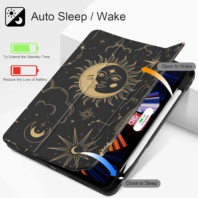 Tuiklol Case for iPad Pro 12.9 Inch M2 Case 2022 2021 2020 2018 Generation 6th/5th/4th/3rdBuilt-in Pencil 2nd Holder Clear Transparent Protective Back Shell CoverMoon and Star