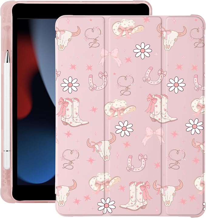 Cute Western Cowgirl Bow for iPad 7th/8th/9th Generation Case with Pencil Holder Auto Sleep/Wake Pink Leather Soft TPU Back Cover for iPad 10.2 Inch 2019/2020/2021