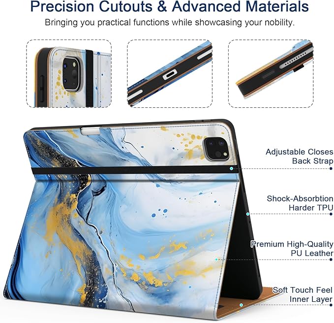 Case for iPad Pro 12.9 6th/5th/4th/3rd Generation 2022/2021/2020/2018 PU Leather 12.9 Cover with Pencil Holder/Multi-Angle Stand/PocketMarble Blue