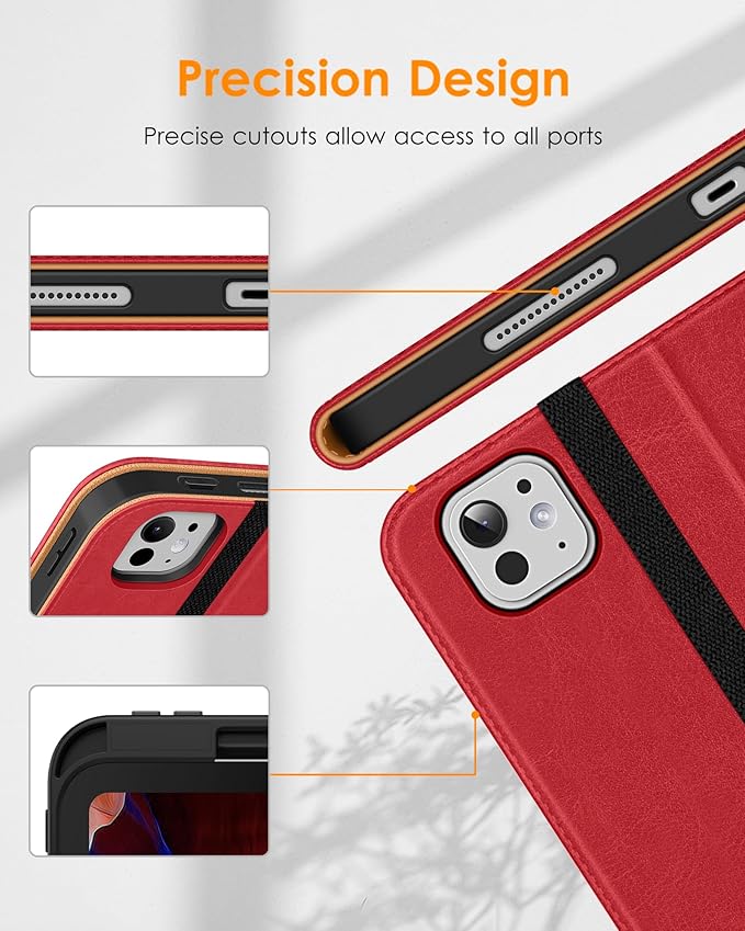 DTTO for iPad Pro 13 inch Case (M5/M4) 2025/2024 Premium Leather Business Folio Stand Cover with Pencil Holder - Auto Wake/Sleep &amp Multiple Viewing Angles Built in Hand Strap &amp Pocket Red