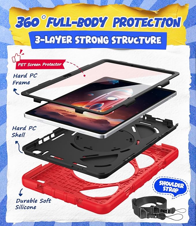 Grifobes Case for Samsung Galaxy Tab A11+ / A9+ Plus 11 inch 2026/2024 Full Body Protection with Screen Protector/Rotating Stand Hand/Shoulder Strap for 11” Tablet Cover Red+Black