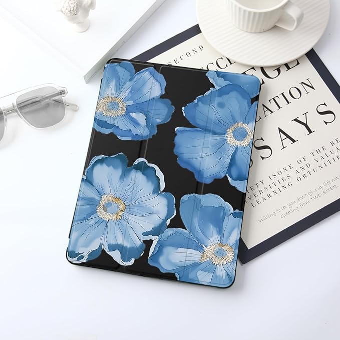 JOYLAND for iPad Air 13 Inch Case M3 2025/M2 2024 with Pencil Holder-Auto Wake/SleepBlue Floral Pattern Anti-Scratch Shockproof Premium Folio Stand CaseBlack