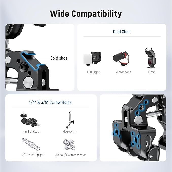 NEEWER Super Clamp with 3 Dual Ballhead Magic Arm Camera Phone Clamp Mount with 1/4 3/8 Threads Cold Shoe Phone Holder Action Camera Adapter Compatible with GoPro DJI iPhone 16 15 Pro Max ST88