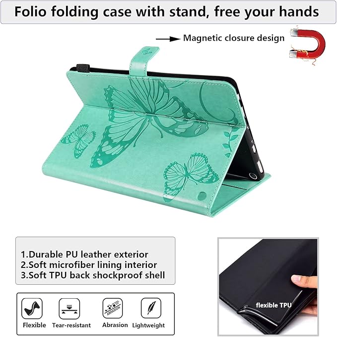 for Kindle Fire HD 10 &amp HD 10 Plus Case 13th/11th Generation 10.1 (2023/2021) Stand Embossed PU Leather Magnetic Wallet Cover with Pencil Holder/Pockets [Auto Wake/Sleep] Green Butterfly