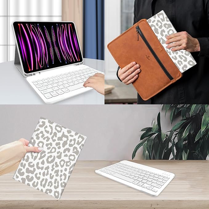 TopPerfekt for iPad Pro 11 4th/3rd/2nd/1st Gen (2022/2021/2020/2018) Keyboard Case Magnetically Absorbent Auto Sleep/Wake Support 2nd Gen Pencil Wireless Charge with Pencil Holder - Grey Leopard