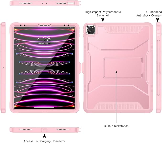 Soke Case for iPad Pro 12.9 Inch 6th/5th/4th Generation(2022/2021/2020 Release) Rugged Shockproof Protective Cover with Built-in Kickstand for Apple iPad Pro 12.9 - Pink