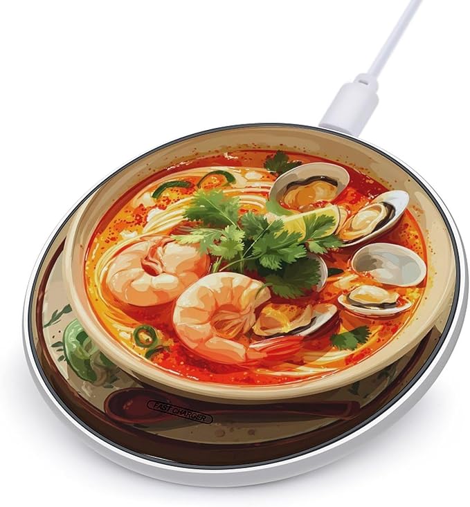 Tom Yum Goong Soup Shrimp Oysters Fast Portable Charger 10W Funny Graphic Phone Charging Pad with USB Cable