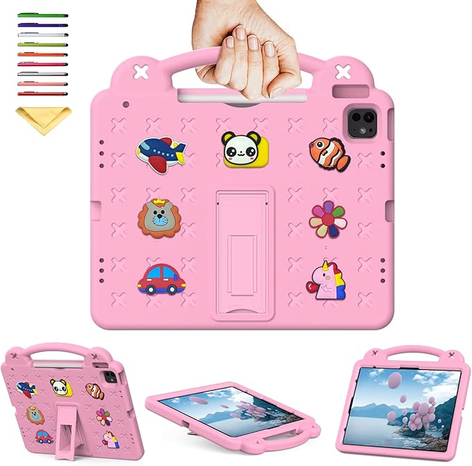 Kids Case for iPad Pro 11-Inch 2022/2021/2020/2018 (4th/3rd/2nd/1st Generation) &amp iPad Air 5th/4th Gen Case 2022/2020 10.9 with Kickstand/Handle/Pencil Holder Stand Girl Boy Cover Rose
