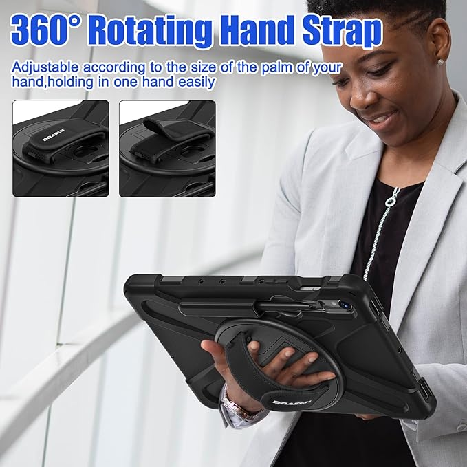 BRAECNstock for Samsung Galaxy Tab S10 Lite/ S10 FE/ S9 FE/ S9/ S8/ S7 5G Case 10.9/11 Shockproof Protective Case with Pencil Holder 360° Rotating Hand Strap &amp Stand Shoulder Strap Black