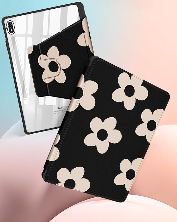 for Samsung Galaxy Tab S10 Fe Case - Tab S9 Fe/S9 Case with Pencil Holder Women Girl Cute Girly Pretty Black Flower Unique Aesthetic Design Teens Rotating Tablet Cases Cover