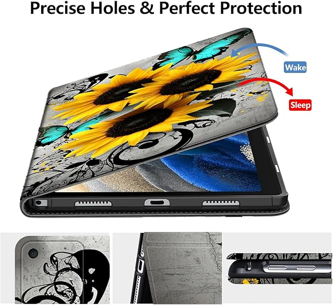 Case for Amazon Fire HD 8 Tablet (8th/7th/6th Generation 2018/2017/2016 Release) PU Leather Smart Protective Cover with Auto Sleep/Wake for Fire HD 8 2018/2017/2016Sunflowers Blue Butterflies