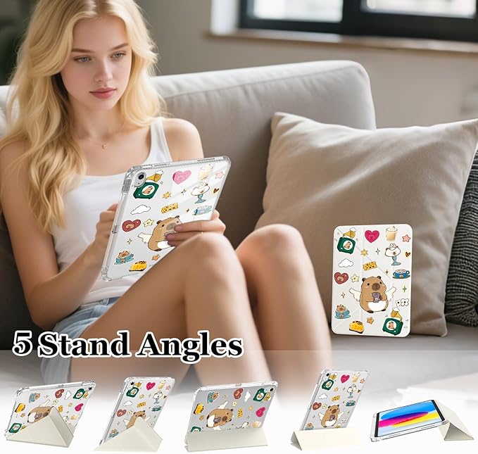 Cute Kawaii Capybara for iPad Air5/Air4 Case with Pencil Holder Auto Sleep/Wake White Leather Acrylic Back Detachable Cover for iPad 10.9 Inch 2022/2020