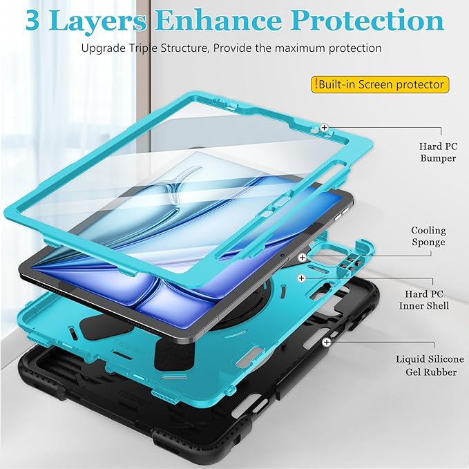 Case for iPad Air 11 M4 2026/ M3 2025/ M2 2024: Silicone Cover for iPad Air 5th &amp 4th Generation 10.9 Inch (2020/2022) with Screen Protector- Stand- Handle- Shoulder Strap- Pencil Holder