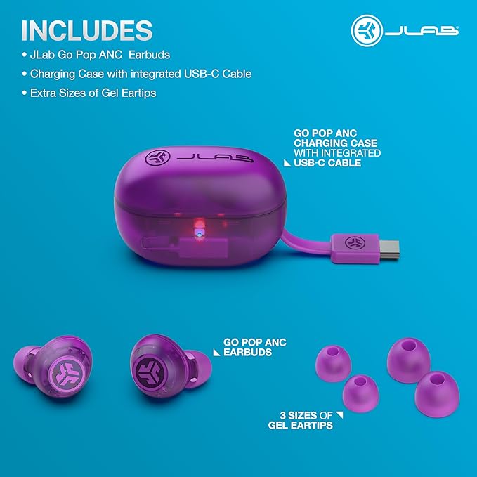 JLab Go Pop ANC True Wireless Earbuds &amp Charging Case Transparent Purple Active Noise Cancelling 10mm Drivers Dual Connect Customize Your Sound with App Be Aware Mode MEMS Microphone