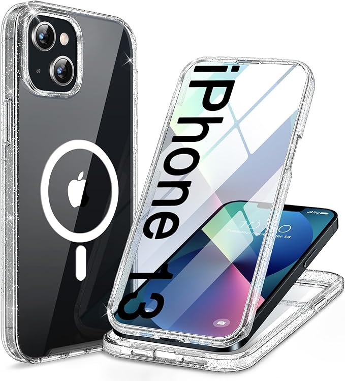 Miracase for iPhone 13 Case 6.1'' [Bubble Free] Full-Body Bumper Phone case with Built-in Full Glass ScreenNo GapCompatible with MagSafeDrop Proof 13 CoverClear Glitter