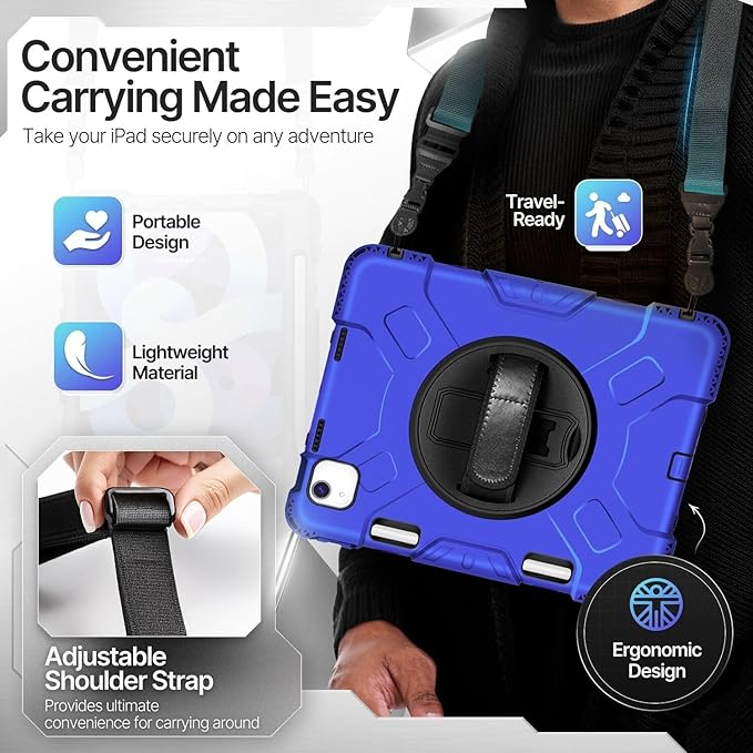 TNP Protective Case for iPad Air 6th M2 2024 11 Inch 5th 4th Gen 10.9 inch and iPad Pro 4th 3rd 2nd Generation (2022 2021 2020 2018) w/Pencil Holder Handle Stand &amp Shoulder Strap Blue
