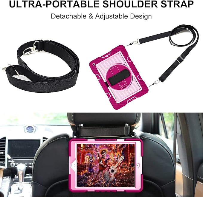 Shockproof Case for iPad 9th/8th/7th Generation 10.2 with Shoulder Strap Techcircle Heavy Duty Rotating Kickstand Hand Strap Rugged Defender Protective Case w/Pencil Holder Rose+Pink
