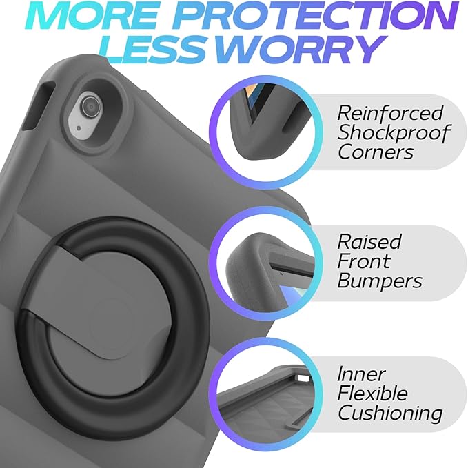 MRWHO Kids Case for iPad (A16) 11th Generation 11 inch 2025/ 10th Generation 10.9 inch 2022 - Sturdy Lightweight Flexible Shockproof Rotating Stand Handle Girls Boys Cover for iPad 11 10 Gen Grey