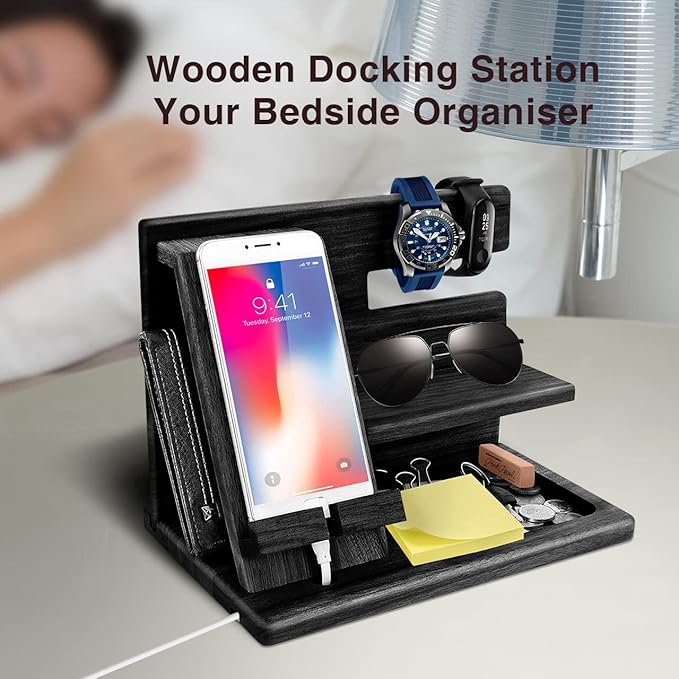 Gifts for Men Christmas Wood Phone Docking Station Mens Gifts for Birthday or Gifts for Dad Fathers Day Desk Workspace Organizer Nightstand Organizer Key for Wallet &amp Watch Holder Husband Chris