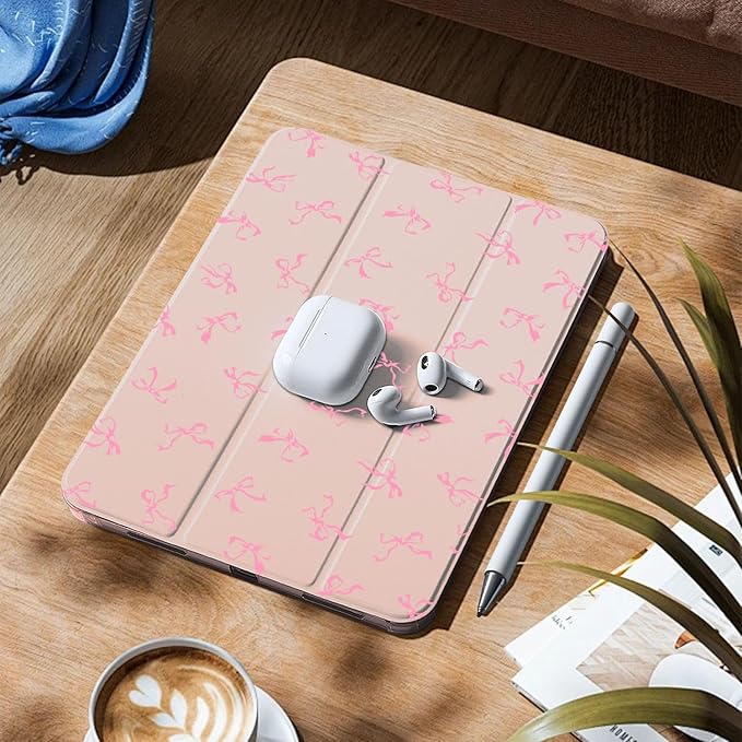 MAYCARI Pink Cute Bow Pattern Case for Ipad Pro 12.9 Inch 5Th/6Th Generation Aesthetic Girl Bowknot Leather Cover Auto Sleep/Wake TPU Back Case for Ipad with Pencil Holder (2022/2021/2020)