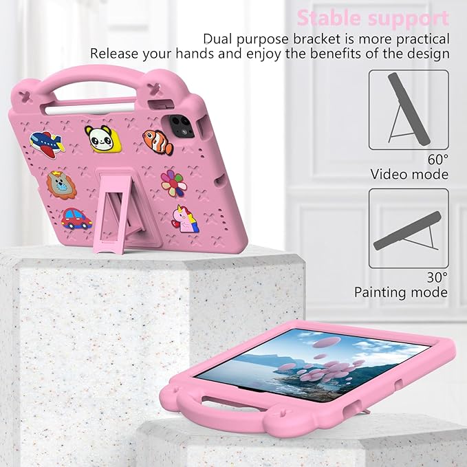 Dteck for iPad Air 6th Gen 11 Inch Case 2024iPad Pro 11 Inch Case 2024 5th Gen(M4)Cartoon Panda Shockproof Rugged Lightweight Convertible Stand Kids Friendly Tablet Case with HandlesPink