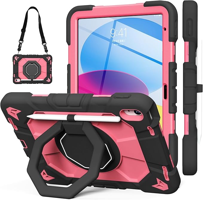 JKSML Case for iPad (A16) 11th Generation 11 Inch 2025 / iPad 10th Gen 10.9 Inch 2022 Military Grade Protection Cover with 360° Rotating Kickstand &amp Pencil Holder &amp Shoulder Strap (Black Rose