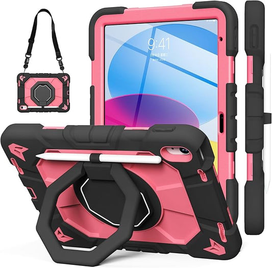 JKSML Case for iPad (A16) 11th Generation 11 Inch 2025 / iPad 10th Gen 10.9 Inch 2022 Military Grade Protection Cover with 360° Rotating Kickstand &amp Pencil Holder &amp Shoulder Strap (Black Rose
