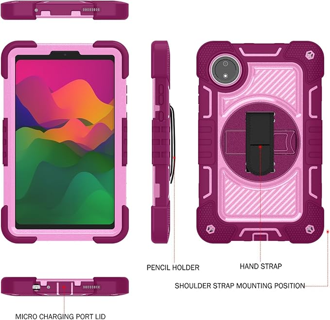 Tablet Case for Xiaomi Redmi Pad SE 8.7/Redmi Pad SE 4G in India Tablet Shockproof Cover with 360° Rotating Stand and Wrist Strap Shoulder StrapRed Rose+Pink