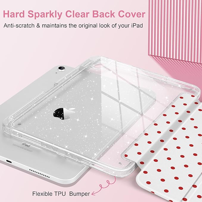 MEEgoodo Case for iPad A16 11th Generation 2025/10th Generation 2022 Glitter Tablet Cases with Transparent Acrylic Back+Trifold Stand +Pencil Holder+Auto Wake/SleepRed Polka Dots