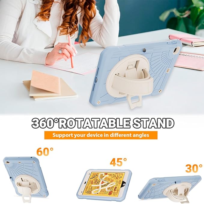 Case for iPad mini 5/4 with Screen Protector Pencil Holder [360 Rotating Hand Strap] &amp Stand Drop-Proof Case for iPad mini 5th/4th Generation 7.9 inch(Ice Blue)
