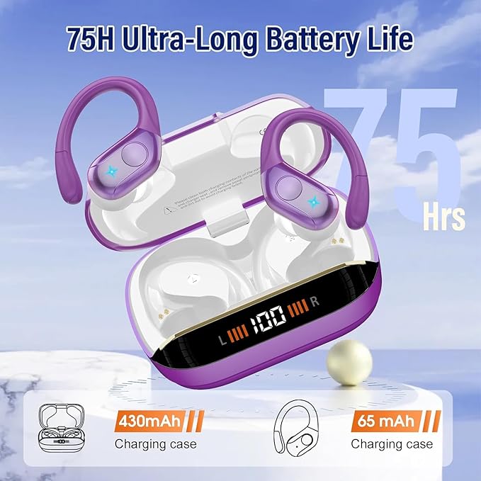 Wireless Earbuds Bluetooth 5.4 Headphones 75H Stereo Deep Bass Sports Over Ear Buds with Earhooks LED Display Bluetooth Earbuds with 4 ENC Mic IP7 Waterproof Earphone for RunningDark Purple