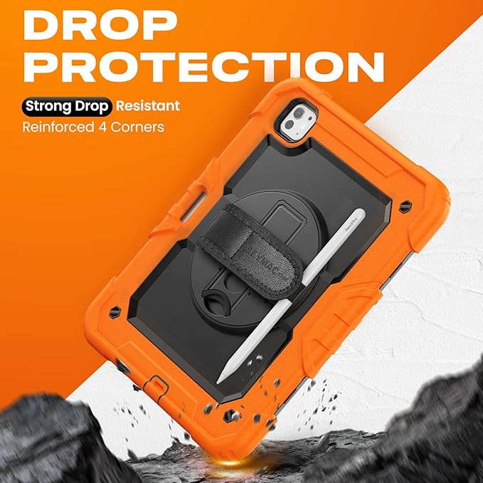 SEYMAC stock Case for iPad Pro 11-inch M5-M4 2025-2024 Shockproof Heavy Duty Case with Screen Protector Pencil Holder Rotating Stand Hand Strap Shoulder Strap Orange