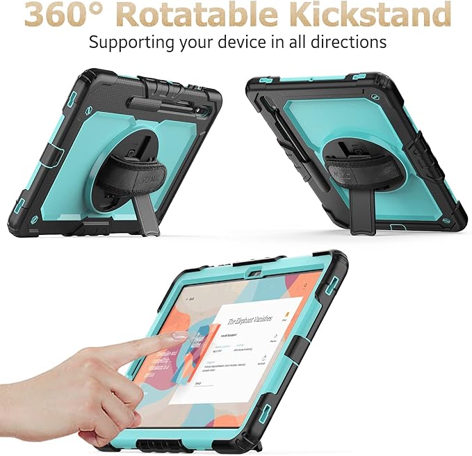 SEYMAC stock Case for Samsung Galaxy Tab S7 FE / S8 Plus 5G Case 12.4'' with Screen Protector Pencil Holder [360 Rotating Hand Strap] &ampStand Drop-Proof SkyBlue/Black