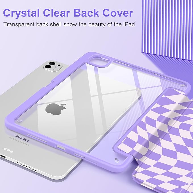 TWOLSKOO Case for iPad Pro 11-inch (M5 2025 / M4 2024) Clear Acrylic Back with TPU Bumper Pencil Holder Trifold Stand Auto Sleep/Wake Purple Wavy Checker