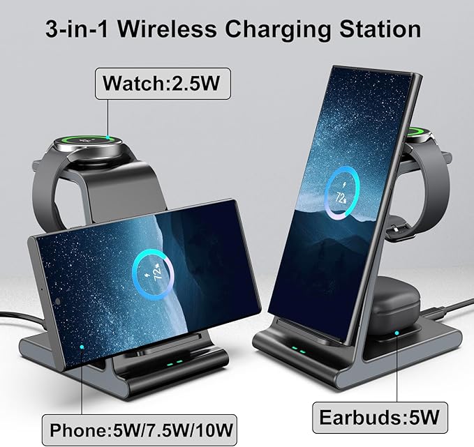 Wireless Charger for Samsung S25 Ultra Charging Station for Galaxy S25/S25 Edge/S24 Ultra/S24+/S24/S23/S22/Note 20/Z Flip 7/Fold 7 for Galaxy Watch 8/8 Classic/Ultra/7/6 Galaxy Buds 2 Pro/Pro