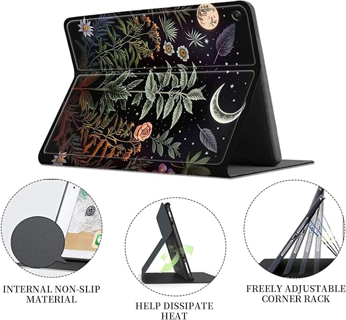 for Fire HD 8 Tablet Case (12th/10th Generation2024/2022/2020 Release)/Amazon Kindle Fire 8 CaseHybrid Slim Multi-Angles Stand Auto Wake/Sleep Cover-Flowers Plants Moon Night
