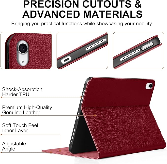Genuine Leather Case for iPad 11th Gen 11 (2025/A16) &amp 10th Gen 10.9 (2022) | Slim Protective Cover with Adjustable Stand Auto Wake/Sleep Premium Leather | Wine Red