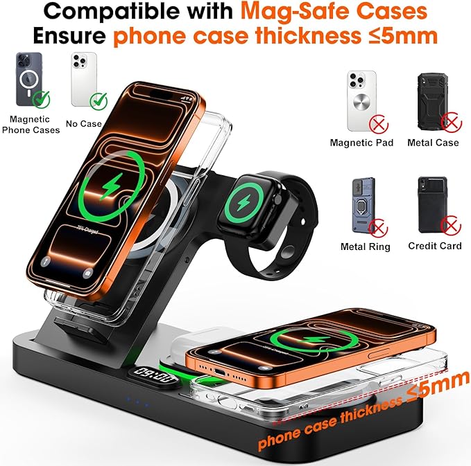 Dual Phone Magnetic Wireless Charging Station for Apple Devices/Apple Ecosystemwith Auto-Switch 7-Color Light &amp Clock Compatible with iPhone 17/16/15 for iWatch 11/10/9 &amp AirPods Pro3（Black