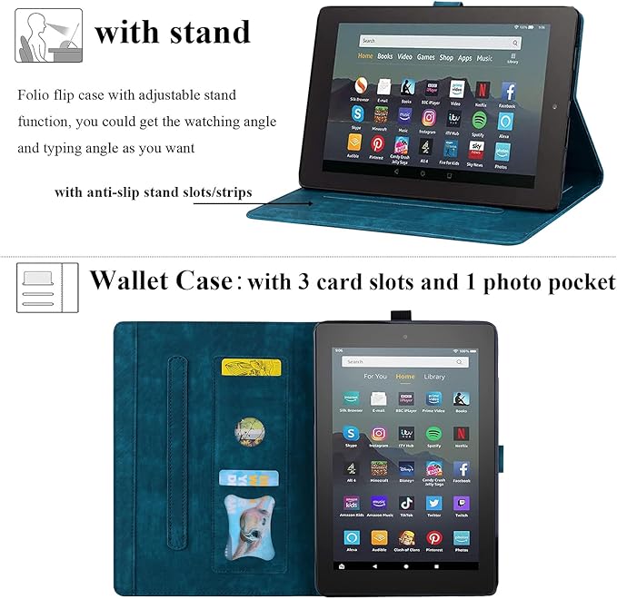 for Amazon Kindle Fire HD 8 &amp Fire HD 8 Plus Case 12th/10th Generation (2024/2022/2020) 8 UUcovers Embossed PU Leather Folio Magneic Cover with Stand/Pencil Holder Cherry Blossom Blue Cat