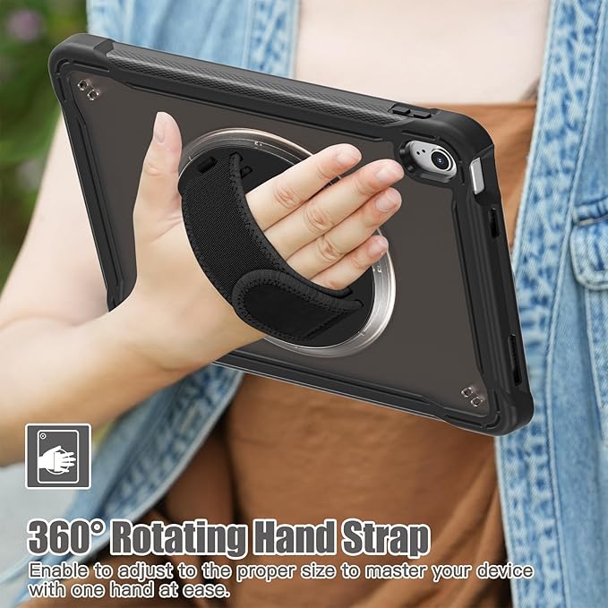 Case for iPad (A16) 11th/10th Generation 2025/2022 11/10.9 inch Rugged Shockproof Protective Cover with Screen Protector 360° Rotating Hand Strap&ampStand Pencil Holder Black