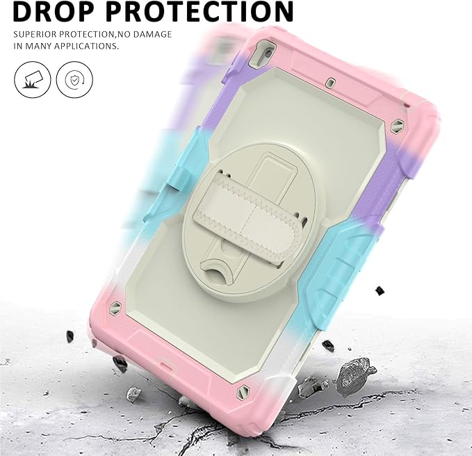 Ambison Case for iPad 9th/8th/7th Generation 10.2'' 2021/2020/2019 [Kid Proof] Full Body Protective Case with 9H Tempered Glass Screen Protector 360° Rotatable Kickstand &amp Hand Strap (Light Pink