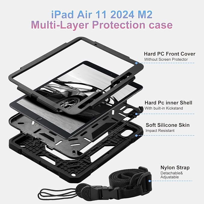 MARKILL for iPad Air 11 Case (M3) 2025/ iPad Air 11 Case 2024 (M2) with Pen Slot/360 Rotating Grip Magic StandKeychain/Shoulder StrapFull-Body Rugged Cover for iPad Air 6th Generation (Black)