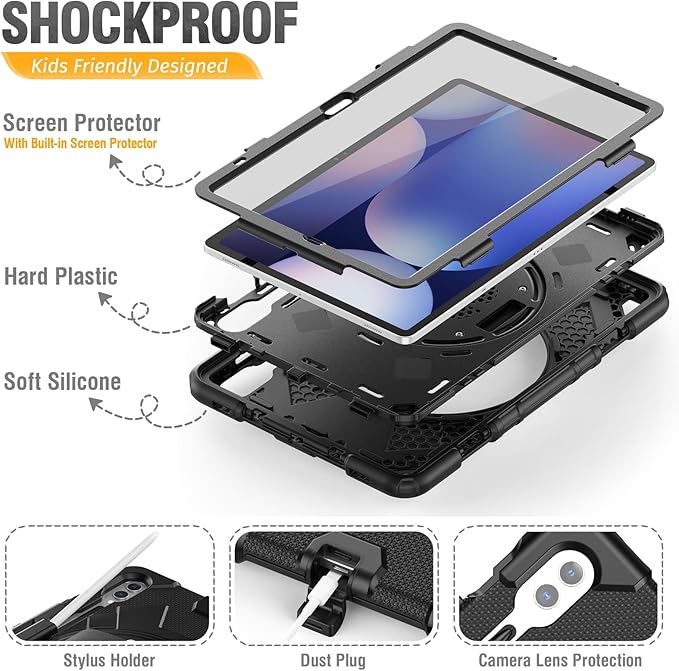HXCASEAC Case for Samsung Galaxy Tab S10+ Plus / S9 Fe+ / S9+ 5G 12.4 inch Protective with Screen Protector/S Pen Holder/ 360 Rotating Stand Hand Strap - Black