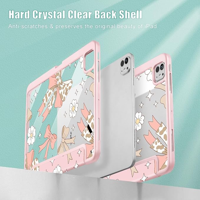 Tuiklol for iPad Pro 11 Inch (M5 2025 / M4 2024) Case Buit-in Pencil Holder with Slim Clear Back Cover Protection Trifold Stand-Auto Wake/Sleep Tablet Case Black Flower Leopard Bow Pink