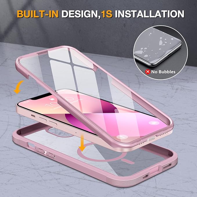 Miracase for iPhone 13 Mini Case 5.4with MagSafeBuilt in Screen ProtectorFull-Body Protection(Dark Pink)