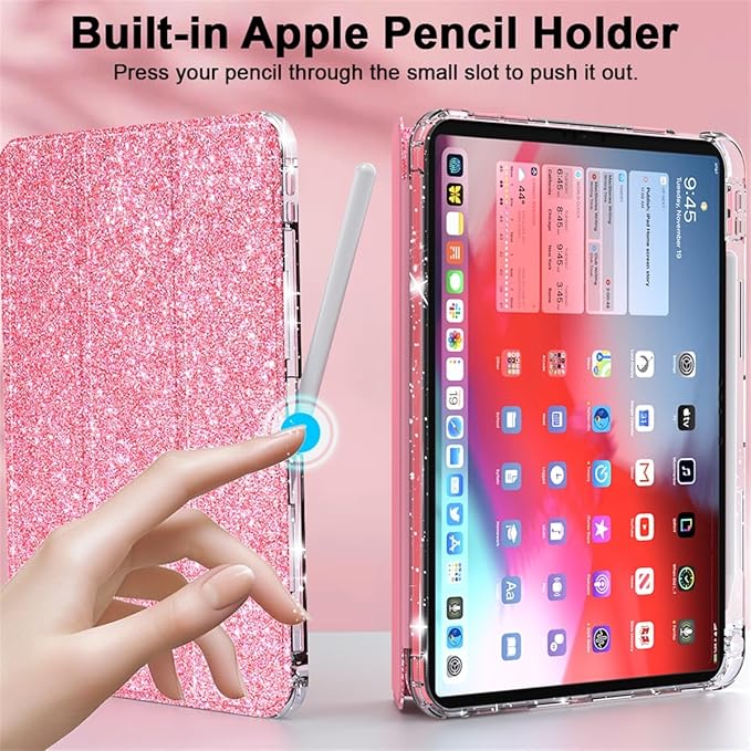 Case for iPad (A16) 11th Generation 11 inch 2025 &amp iPad 10th Generation 10.9 inch 2022 with Stand/Pencil Holder [Auto Wake/Sleep] Glitter Bling PU Leather &amp Clear Soft TPU Back Shell Pink